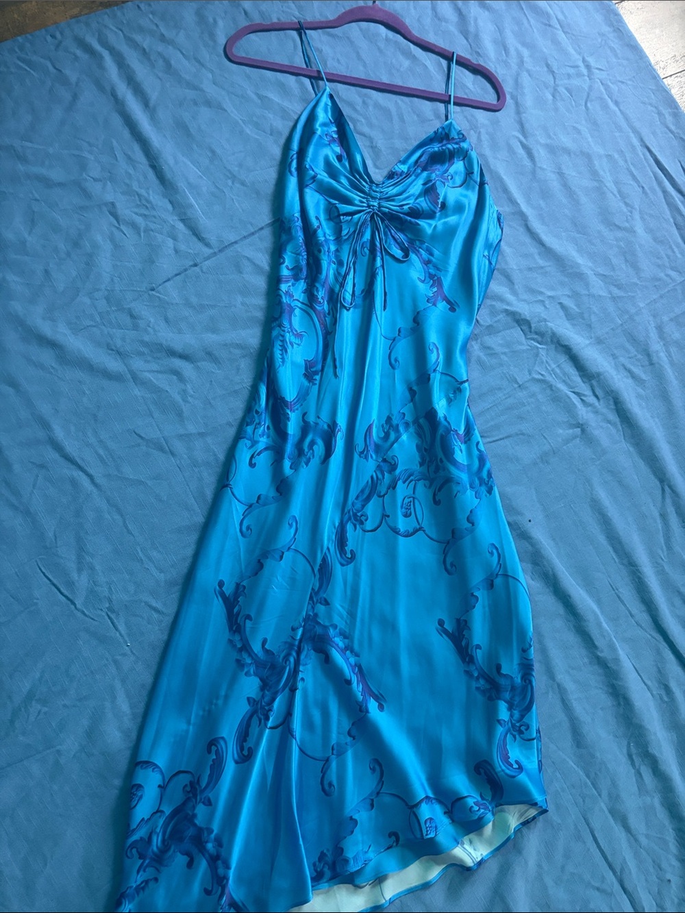 Blue Ruched Front Maxi Dress with Swirl Print